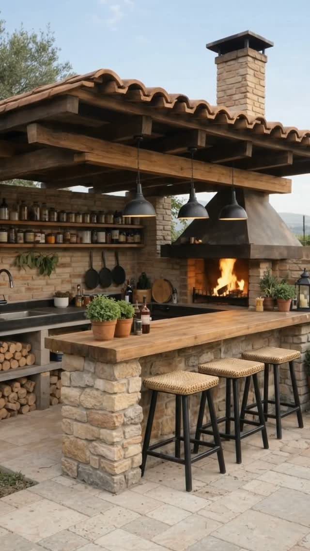 Outdoor Kitchen No Grill: 8 Ideas for Cooking Outside 1 Rustic outdoor kitchen with a stone bar, wooden countertop, stools, and a burning fireplace under a tiled roof.