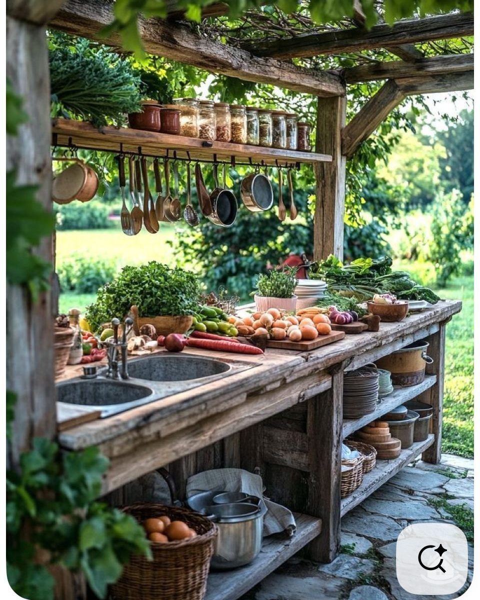 Outdoor Kitchen No Grill: 8 Ideas for Cooking Outside 7 Rustic wooden outdoor kitchen setup with a sink, hanging utensils, and fresh vegetables on a countertop.