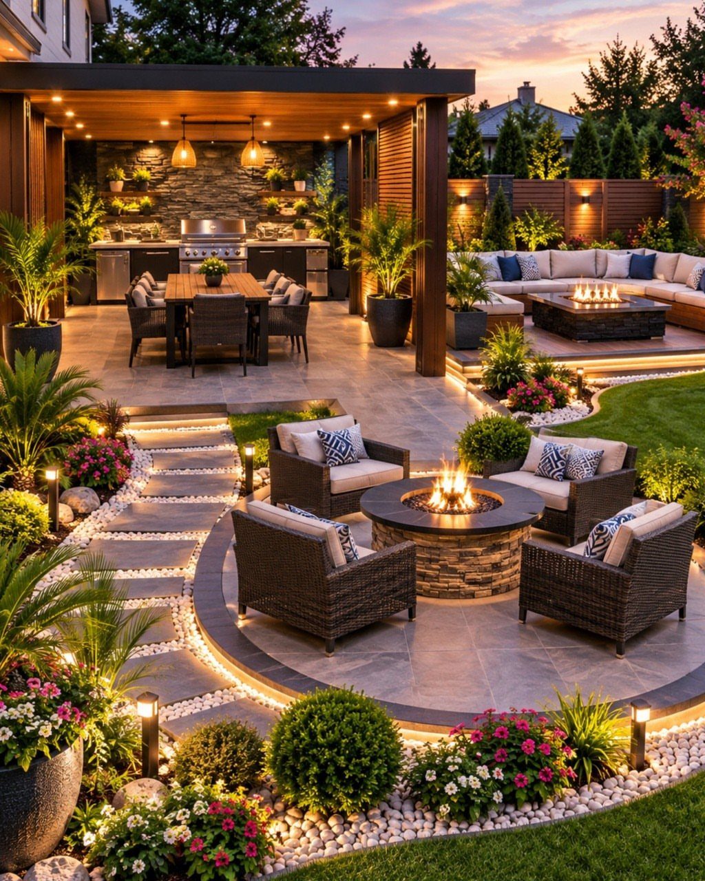 7 Outdoor Patio Kitchen Ideas for Every Backyard Style 3 A luxury outdoor patio featuring a built-in kitchen and a circular seating area with a stone firepit.