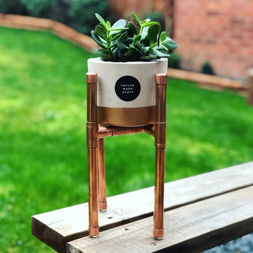 A green succulent in a ceramic pot resting on a copper pipe plant stand outdoors.