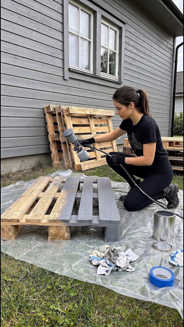 A woman spray painting a wooden pallet grey on a plastic tarp outdoors.