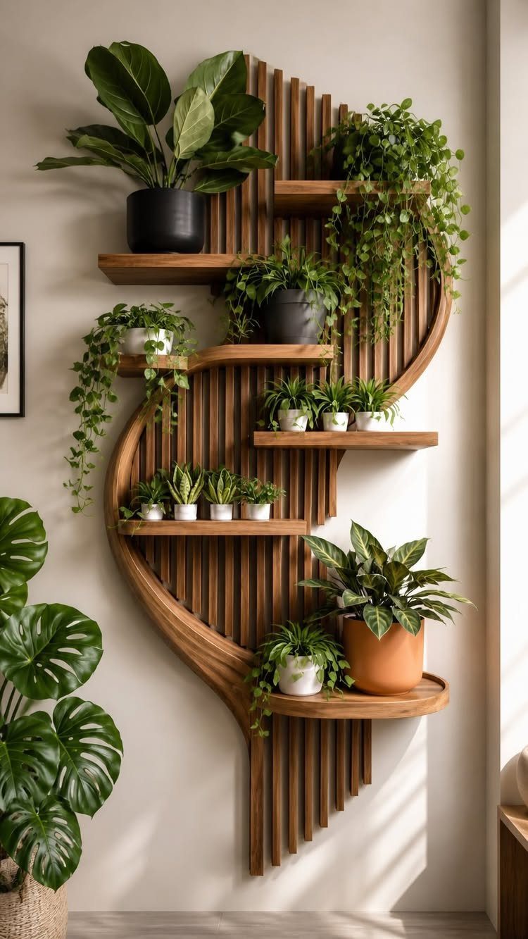 Wooden wall shelves holding various green potted plants against a neutral wall.