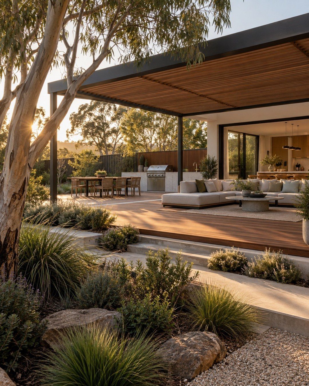 28 Outdoor Wooden Deck Ideas for Any Yard Size 14 Modern wooden deck with a dark pergola, lounge seating, and outdoor dining area.