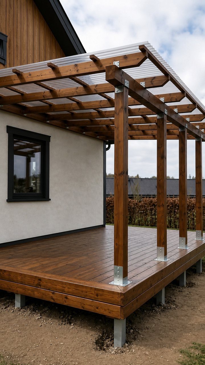 28 Outdoor Wooden Deck Ideas for Any Yard Size 1 Wooden deck with a large pergola structure featuring a translucent roof attached to a house.