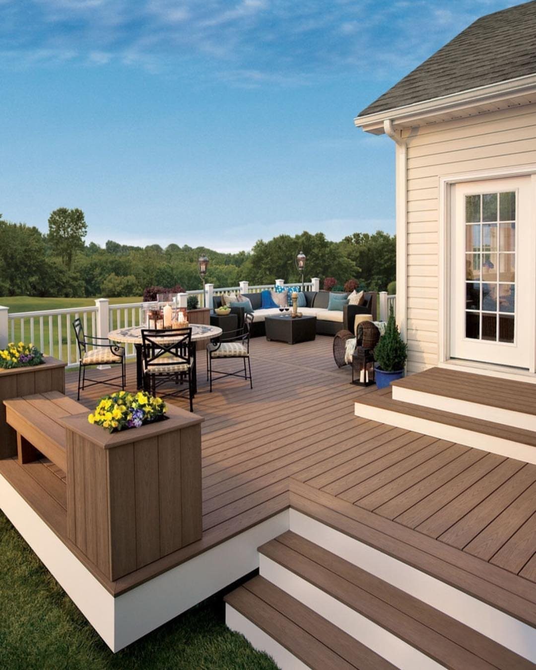 28 Outdoor Wooden Deck Ideas for Any Yard Size 17 Wooden outdoor deck featuring dining sets, lounge sofas, and built-in wooden bench seating.