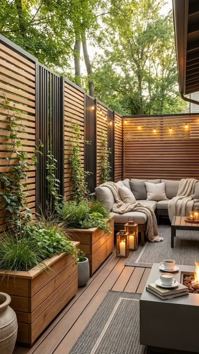 28 Outdoor Wooden Deck Ideas for Any Yard Size 7 Wooden deck with built-in planters, outdoor furniture, and slatted privacy fencing surrounded by trees.