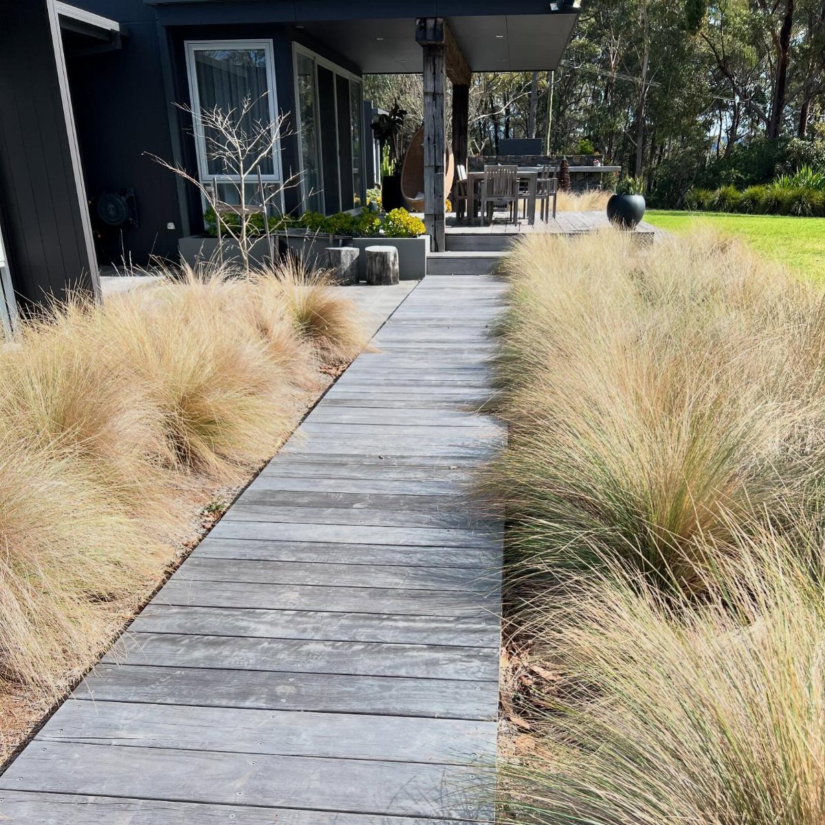 28 Outdoor Wooden Deck Ideas for Any Yard Size 20 A grey wooden plank walkway winding through tall, golden ornamental grasses toward a modern house.