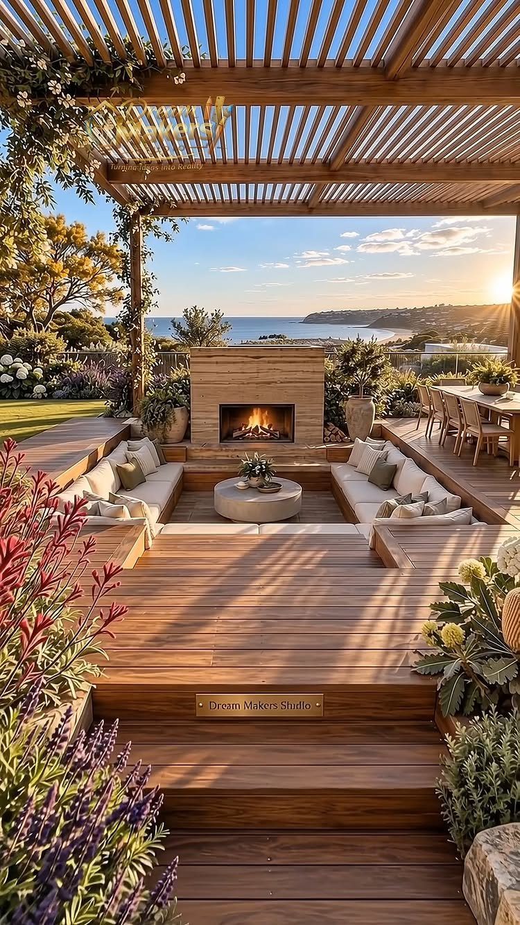 28 Outdoor Wooden Deck Ideas for Any Yard Size 5 A wooden sunken deck with built-in seating and a fireplace overlooking the ocean at sunset.
