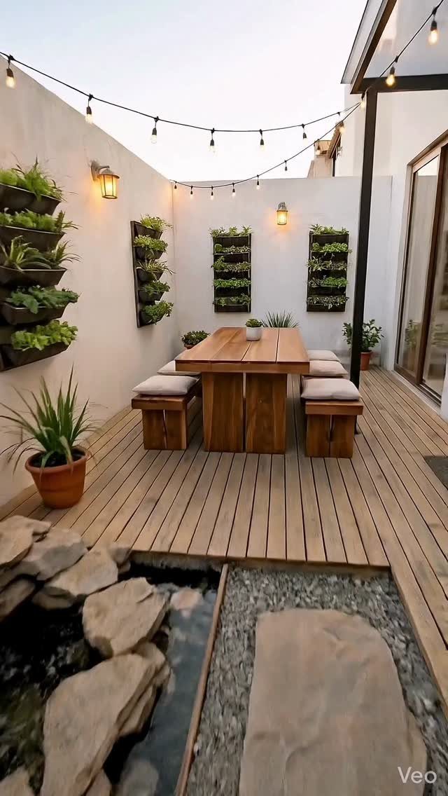 28 Outdoor Wooden Deck Ideas for Any Yard Size 3 Wooden deck with dining furniture, vertical wall planters, and natural rock landscaping elements.
