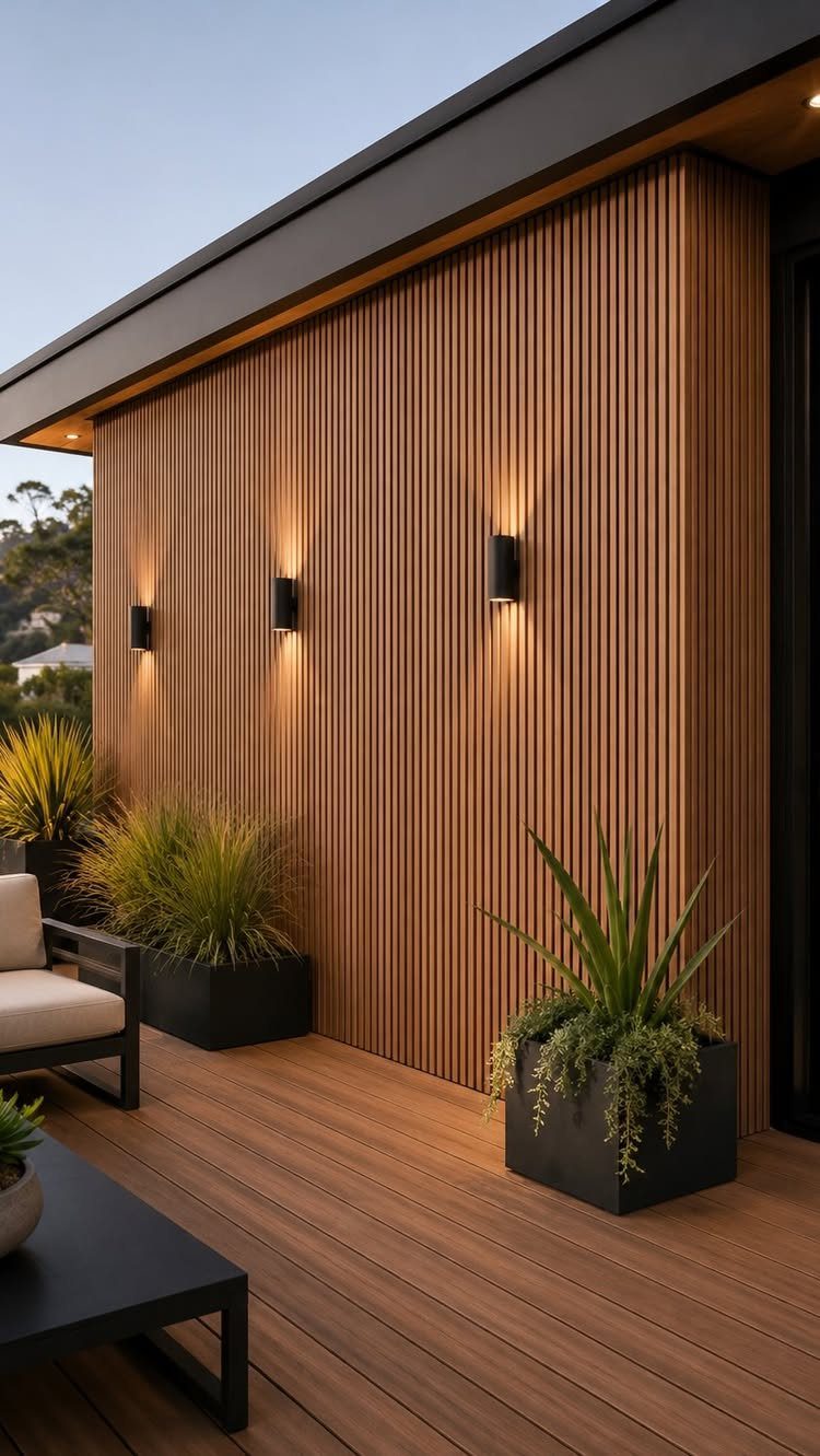 28 Outdoor Wooden Deck Ideas for Any Yard Size 10 Vertical wood slat wall with black sconce lights on a modern outdoor deck.