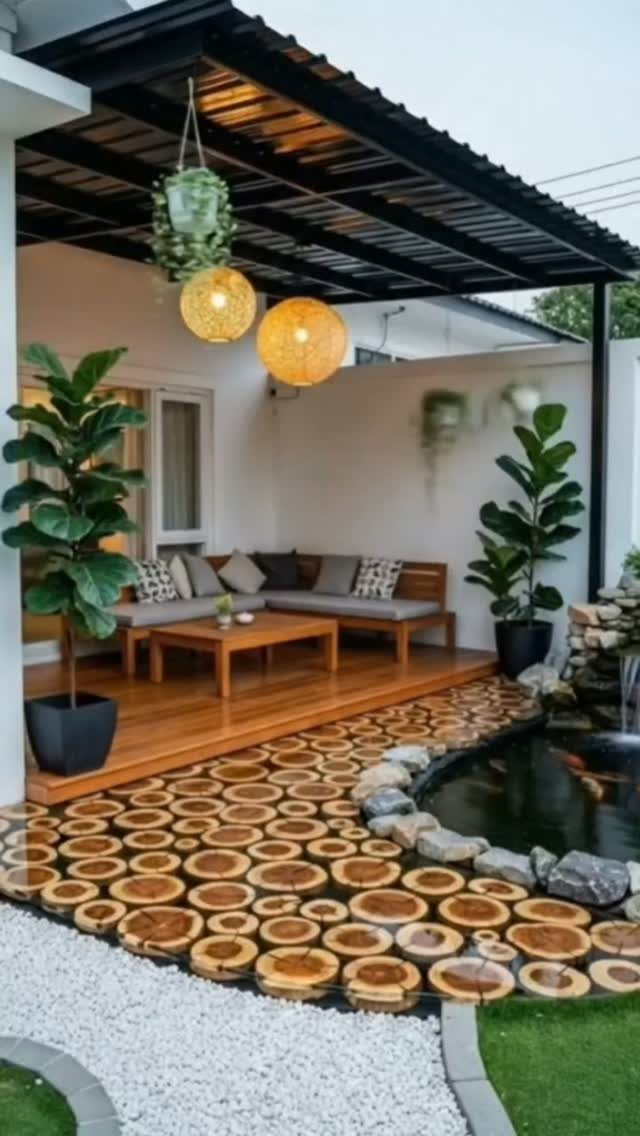 20 Patio and Deck Ideas to Make Your Yard Feel Like a Room 4 Wooden patio deck with L-shaped sofa, hanging lanterns, and potted plants under a dark roof.