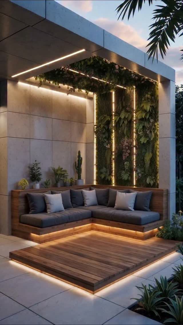 20 Patio and Deck Ideas to Make Your Yard Feel Like a Room 3 Modern outdoor patio with integrated LED strip lighting, wooden seating, and a lush vertical garden wall.