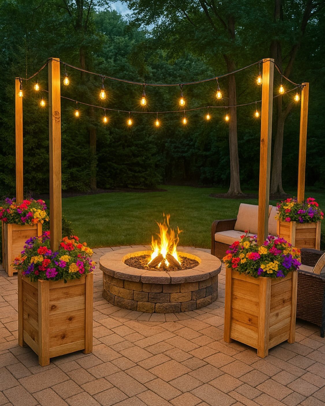 20 Patio and Deck Ideas to Make Your Yard Feel Like a Room 19 Wooden planters with colorful flowers surround a stone fire pit on a brick patio.