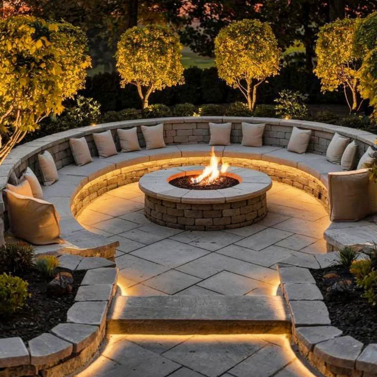 20 Patio and Deck Ideas to Make Your Yard Feel Like a Room 16 A stone fire pit with a bright flame sits in the center of a circular patio.