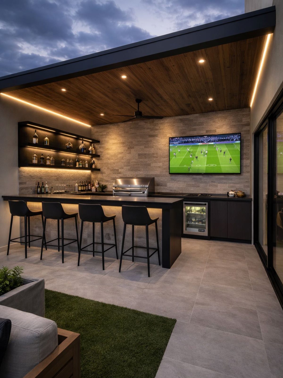 20 Patio and Deck Ideas to Make Your Yard Feel Like a Room 2 Modern outdoor kitchen with a black bar counter, four stools, and a television mounted on a stone wall.