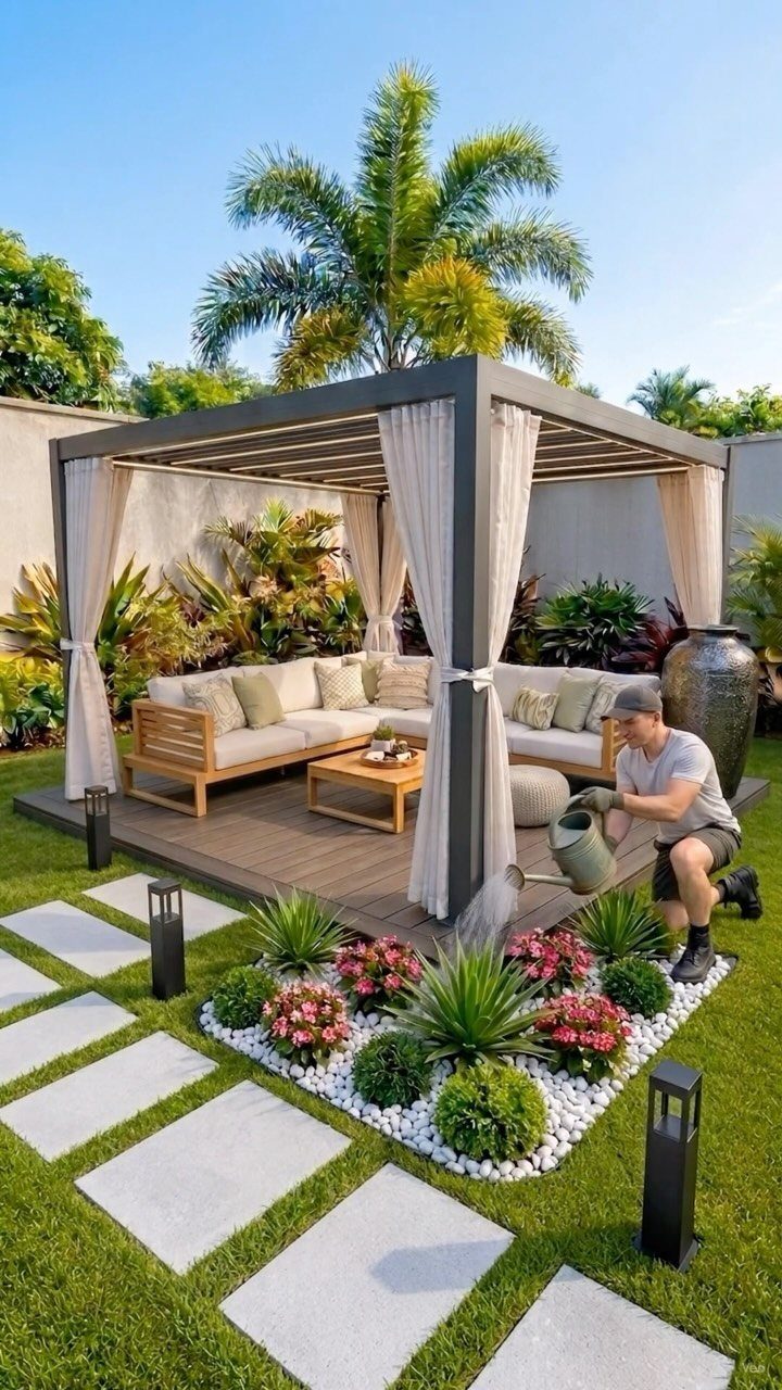 20 Patio and Deck Ideas to Make Your Yard Feel Like a Room 8 A modern pergola with white curtains sheltering a comfortable outdoor sectional sofa and coffee table.