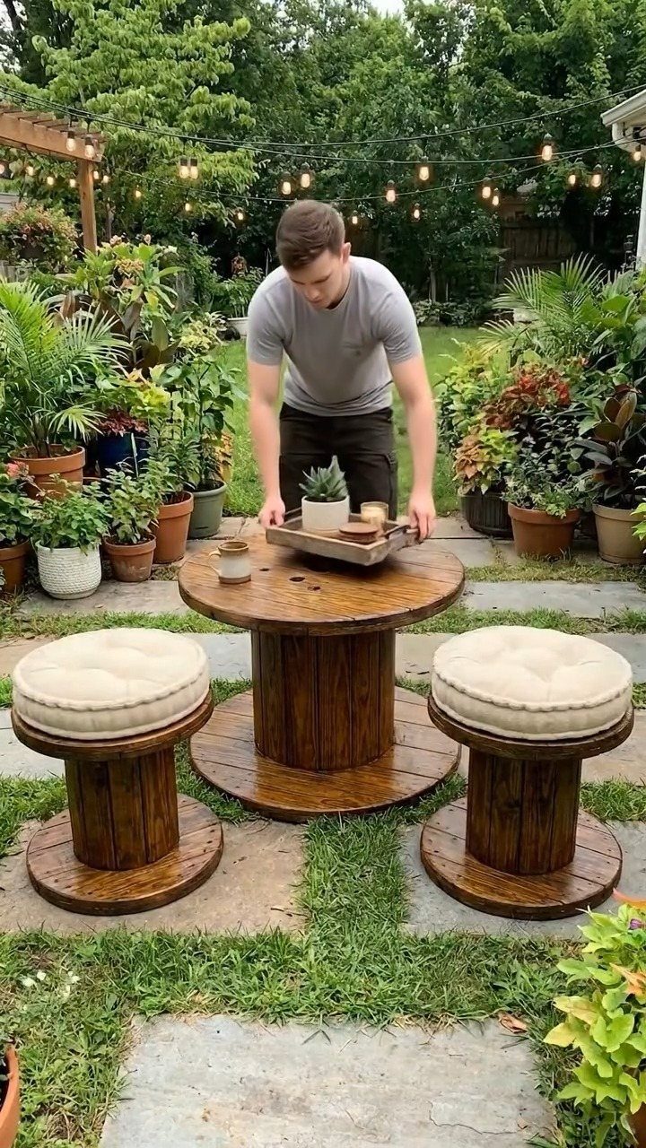 20 Patio and Deck Ideas to Make Your Yard Feel Like a Room 17 A man arranges a table and stools made from repurposed wooden cable spools in a garden.