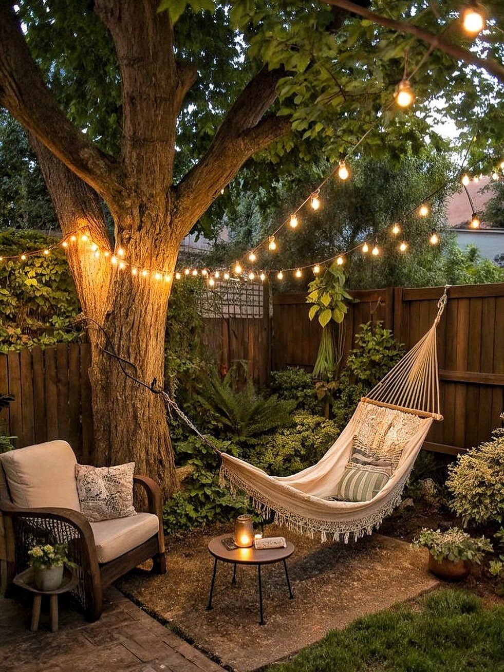 20 Patio and Deck Ideas to Make Your Yard Feel Like a Room 13 A cream macrame hammock hangs from a large tree surrounded by string lights and garden plants.