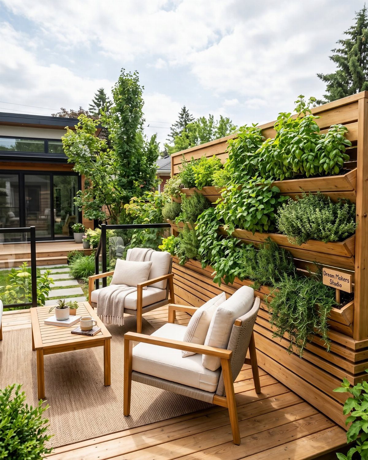 20 Patio and Deck Ideas to Make Your Yard Feel Like a Room 12 Wooden patio deck with armchairs and a vertical garden growing on a wooden slat privacy screen.