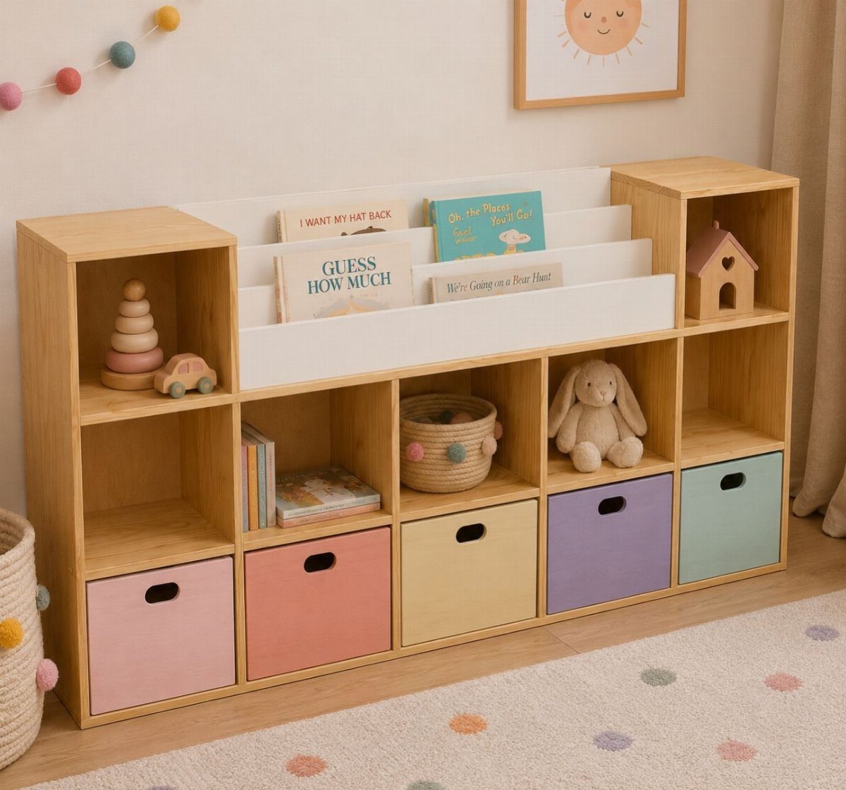 Wooden cubby shelving unit with colorful storage bins and children's books in white holders.