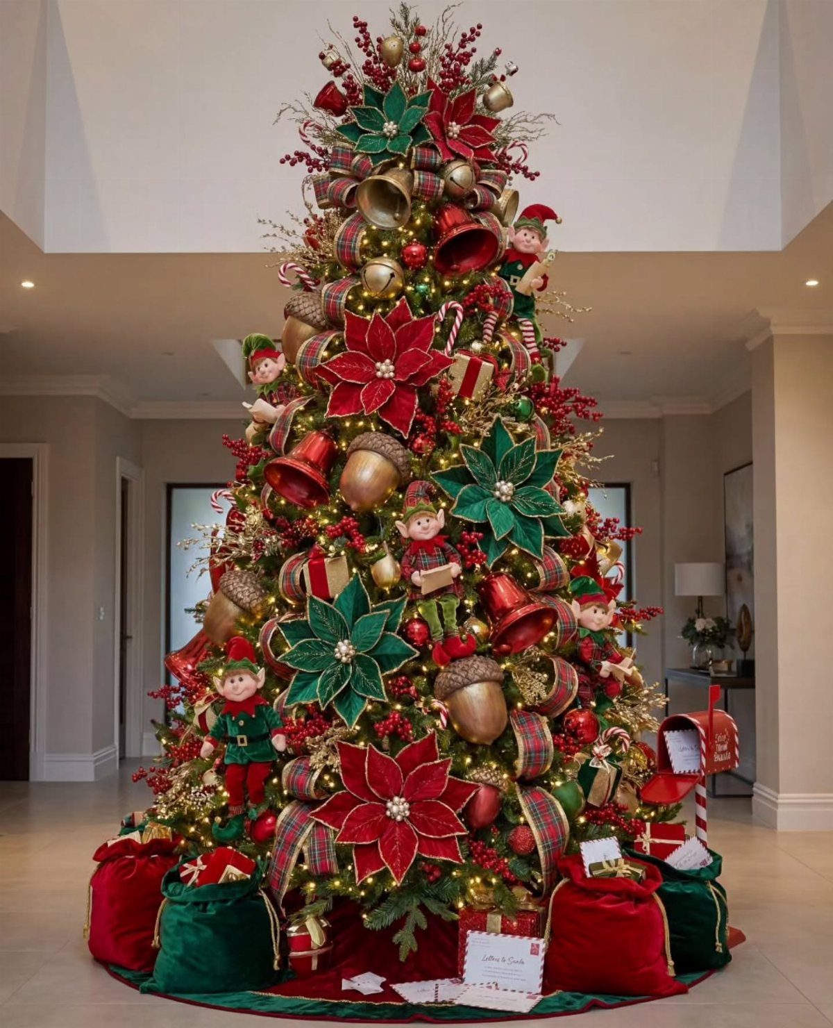 8 Red and Green Christmas Tree Ideas 1 A decorated Christmas tree with red and green ornaments, gold bells, and small elf figurines.