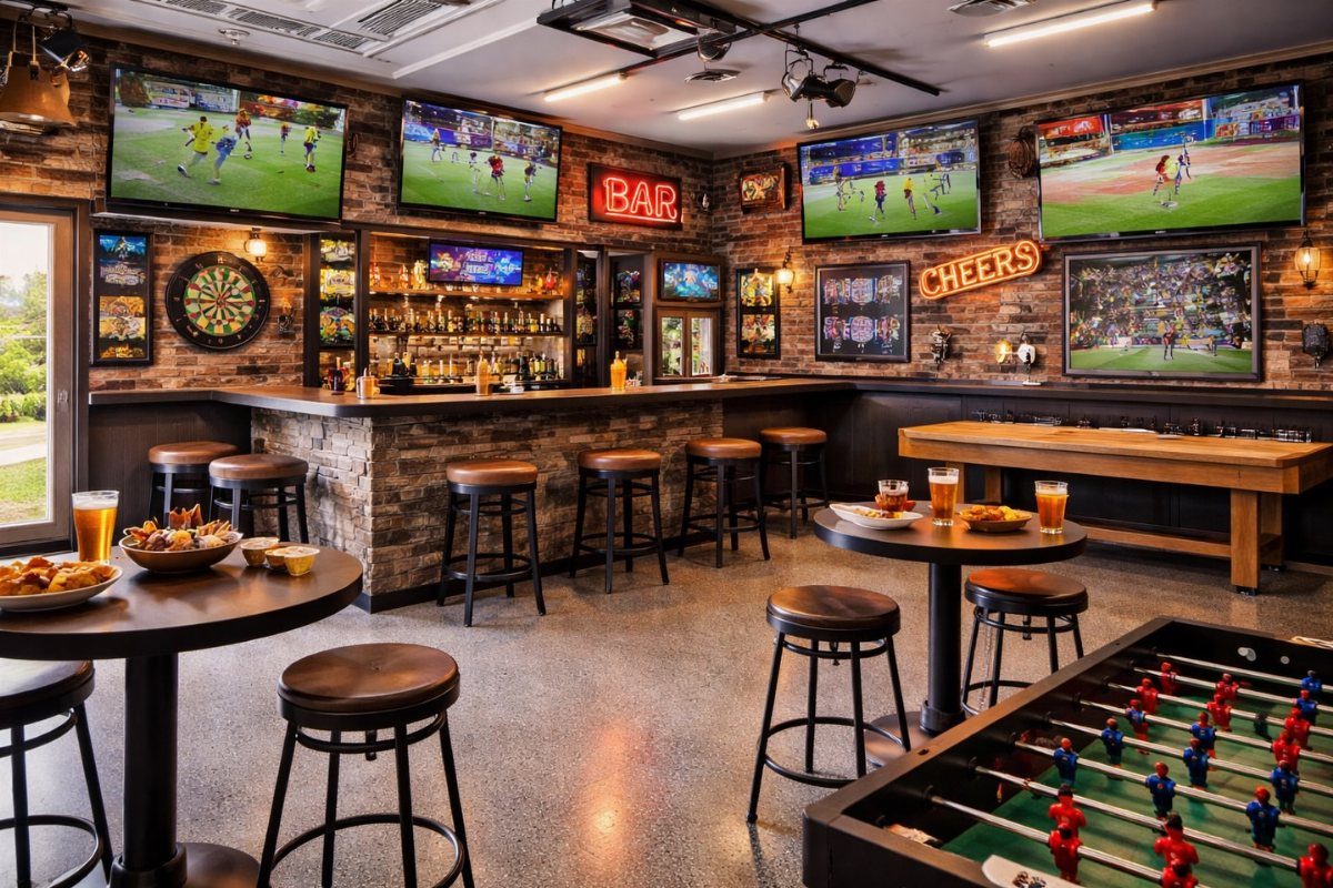5 Room on Top of Garage Ideas for Extra Living Space 5 A recreational room with a brick bar, sports on televisions, foosball, and snacks on tables.