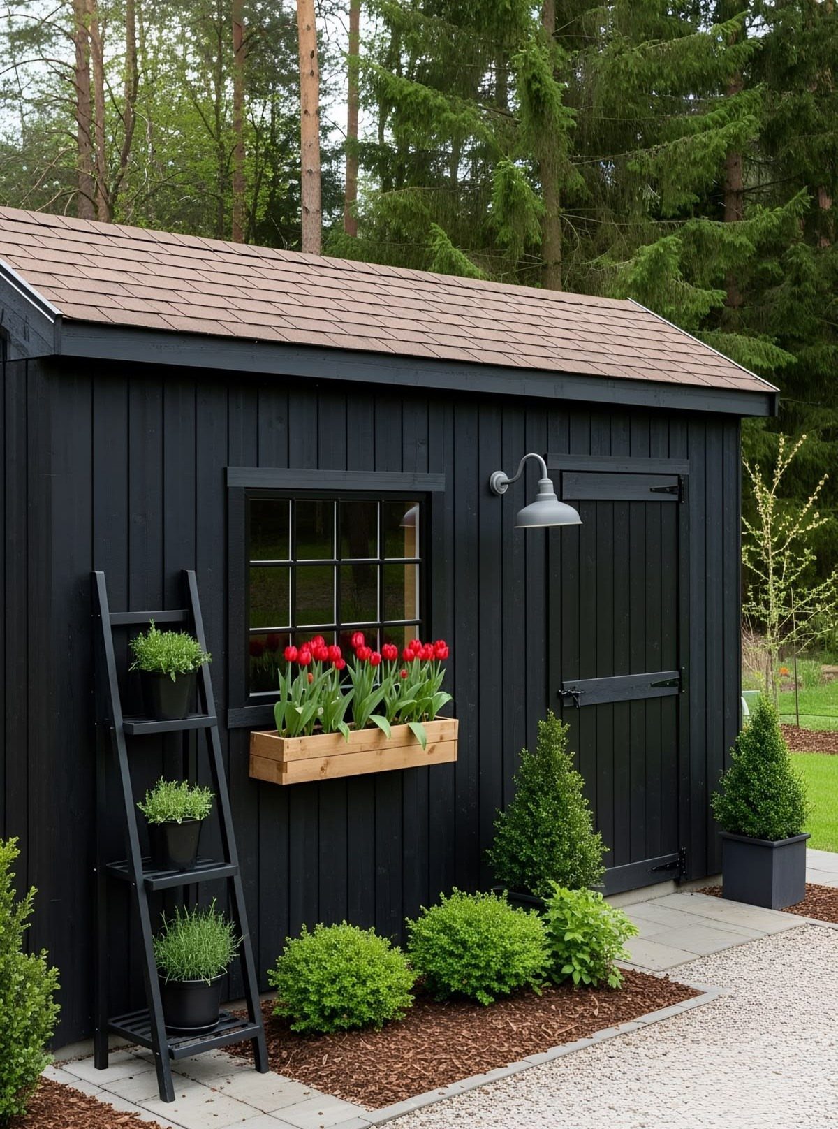 9 Shed Exterior Ideas: Metal, Wood, Recycled, and Garden Styles 4 Black wooden shed with red tulips in a window box and green shrubs planted around the base.