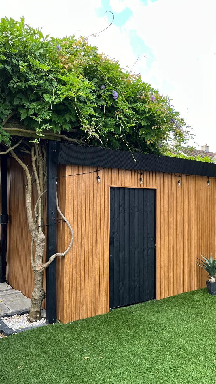 9 Shed Exterior Ideas: Metal, Wood, Recycled, and Garden Styles 6 Modern garden shed with vertical wood siding, a black door, and climbing greenery on top.