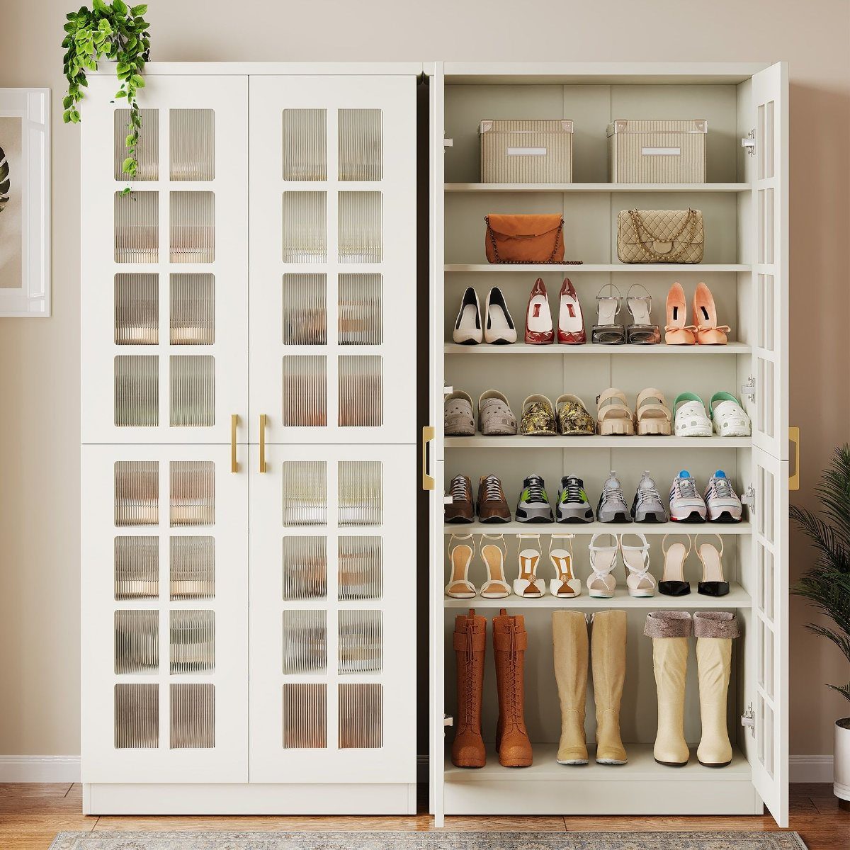 Shoe Storage Tall Cabinet: 6 Ideas for Hallways and Closets 6 White tall shoe storage cabinet with open glass doors showing organized shoes and accessories on shelves.