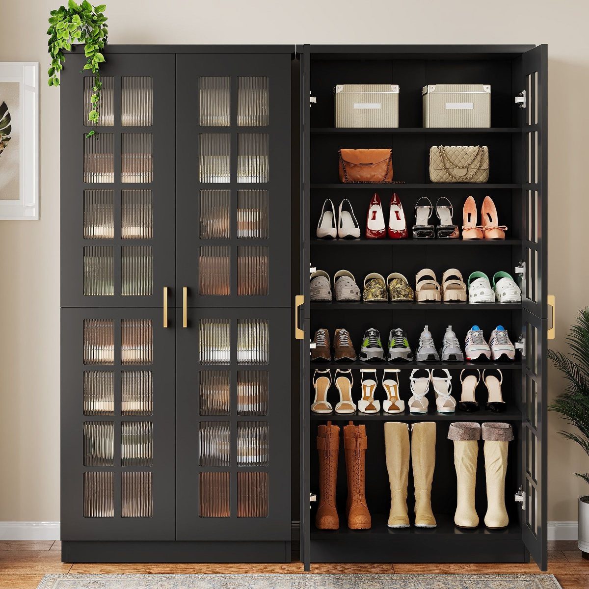 Shoe Storage Tall Cabinet: 6 Ideas for Hallways and Closets 4 Black tall shoe storage cabinet with open doors showing organized shoes and accessories on shelves.