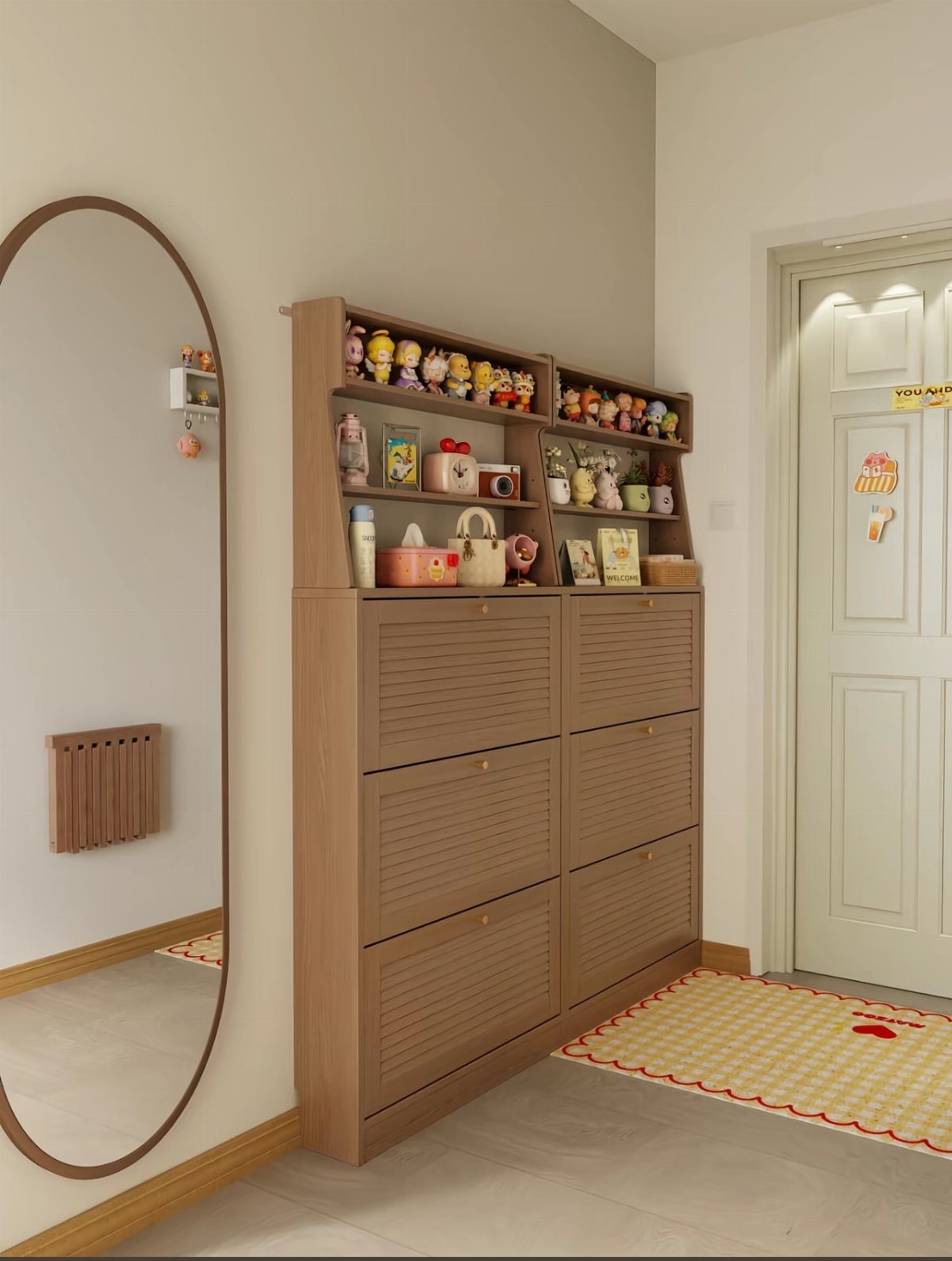 Shoe Storage Tall Cabinet: 6 Ideas for Hallways and Closets 3 Tall light wood shoe storage cabinet with open shelves and closed drawers in a hallway.