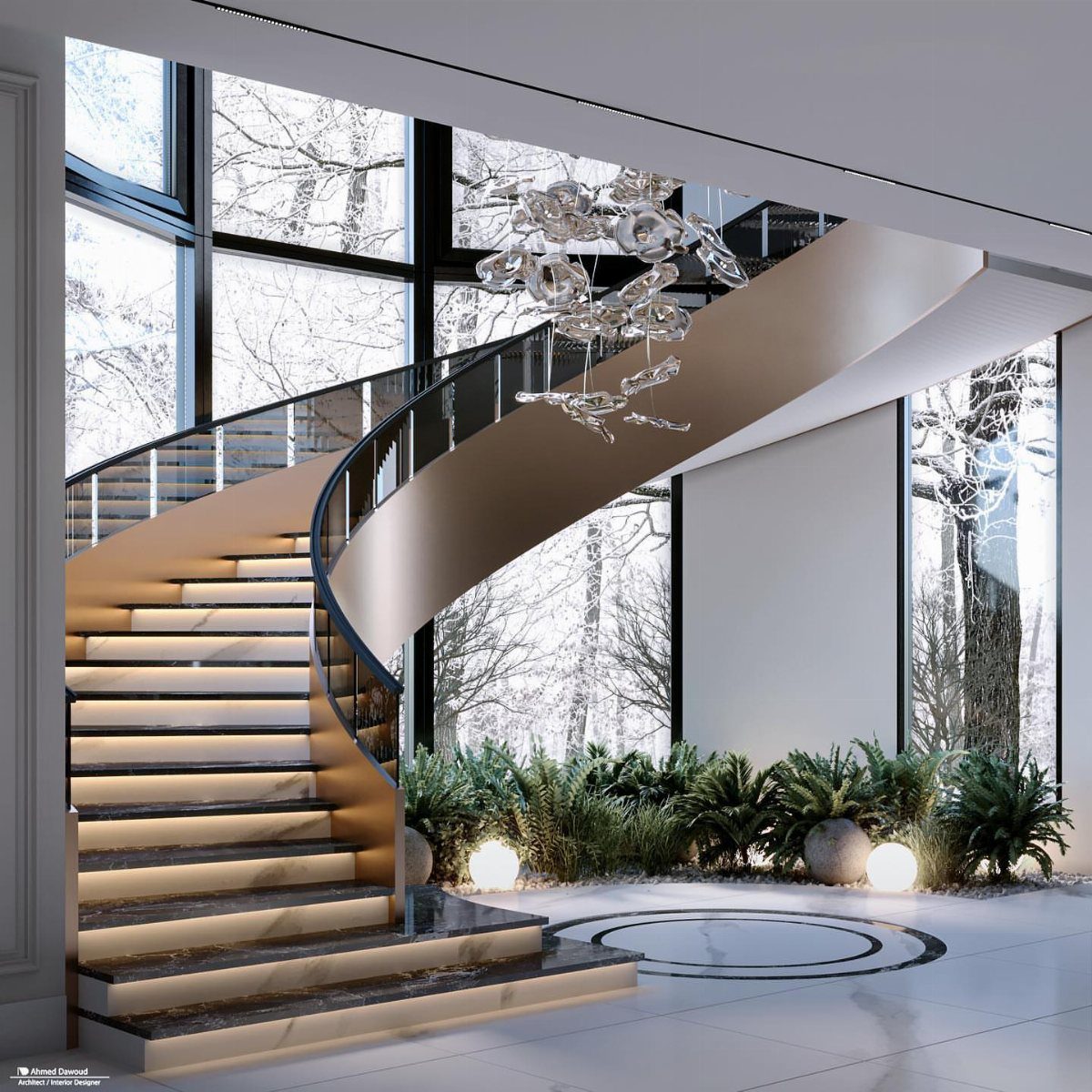 A modern curved marble staircase with integrated lighting set against large windows overlooking a winter forest.