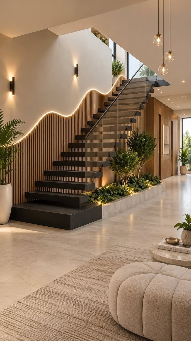 Modern staircase with dark steps, glass railing, and wavy LED lighting against wooden slats.