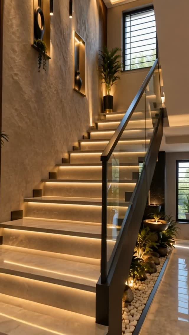 Modern illuminated staircase with glass railings and dark metal handrails against a textured wall.