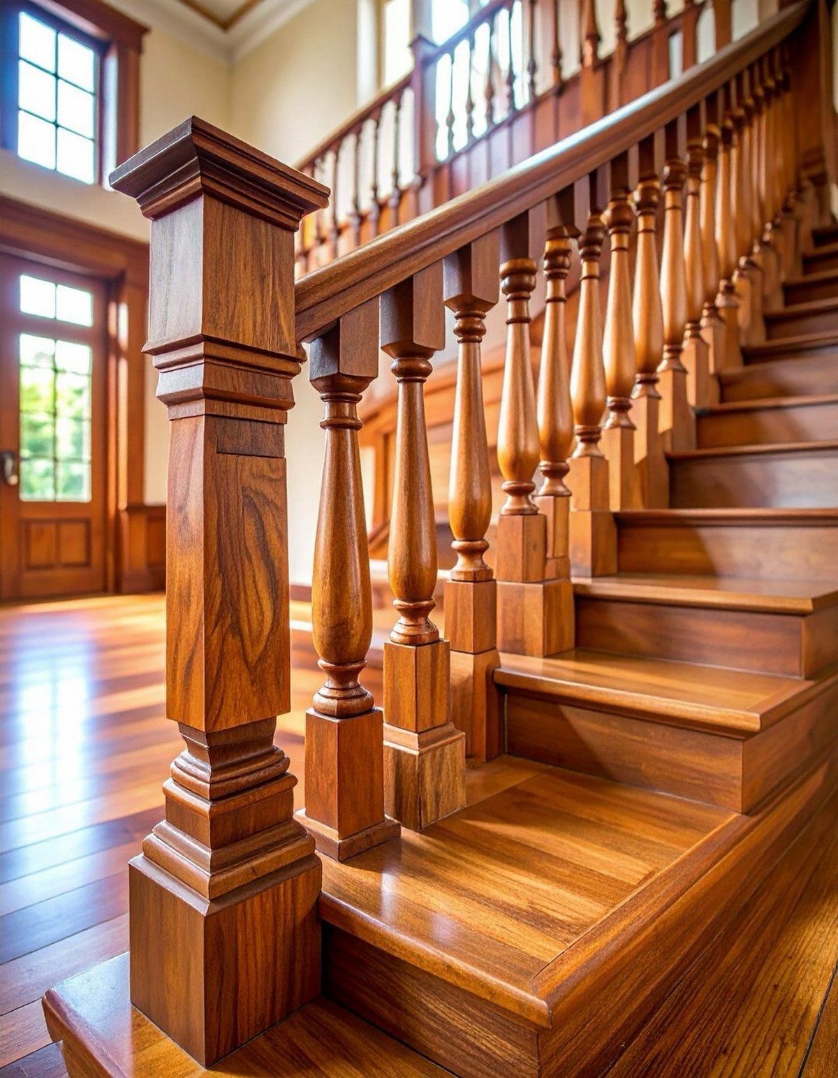 Polished wooden staircase featuring ornate spindles and a large decorative newel post in a bright room.
