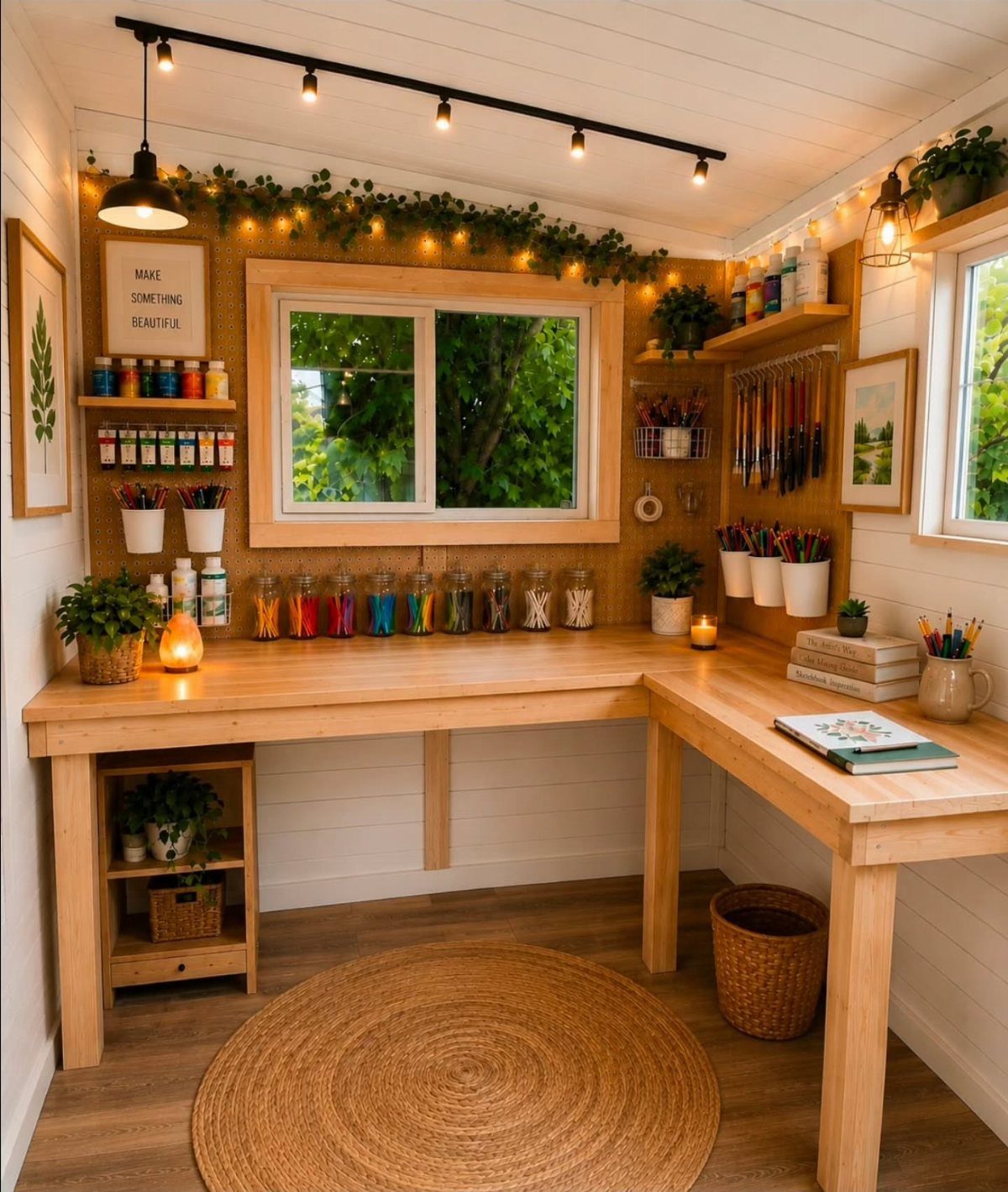 Wooden L-shaped art desk with colorful supplies, jars of brushes, and a window overlooking trees.