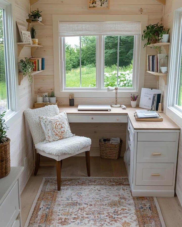 A bright wooden shed office with a white desk and large windows overlooking greenery.