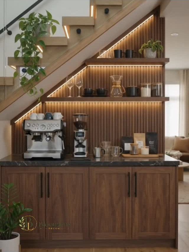 18 Under Stair Storage Design Modern Ideas for Every Home 4 Custom dark wood cabinets and lit shelving unit installed underneath a modern staircase.