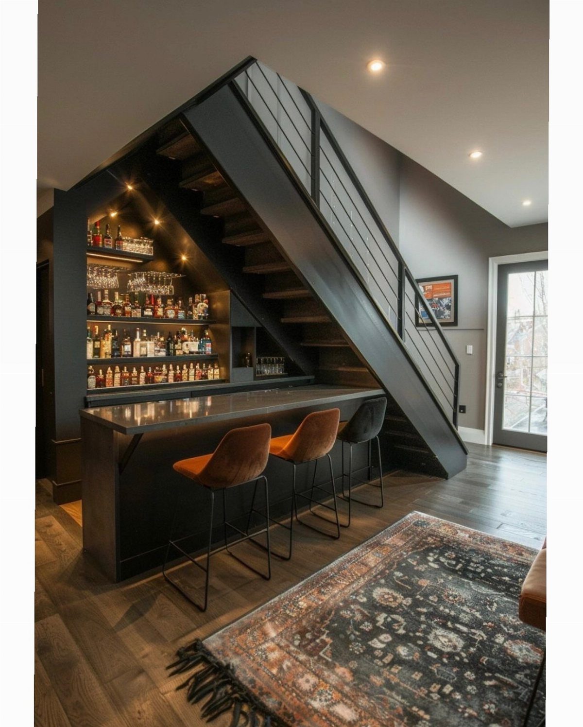 18 Under Stair Storage Design Modern Ideas for Every Home 15 A modern dry bar with liquor bottles and stools located under a black staircase.