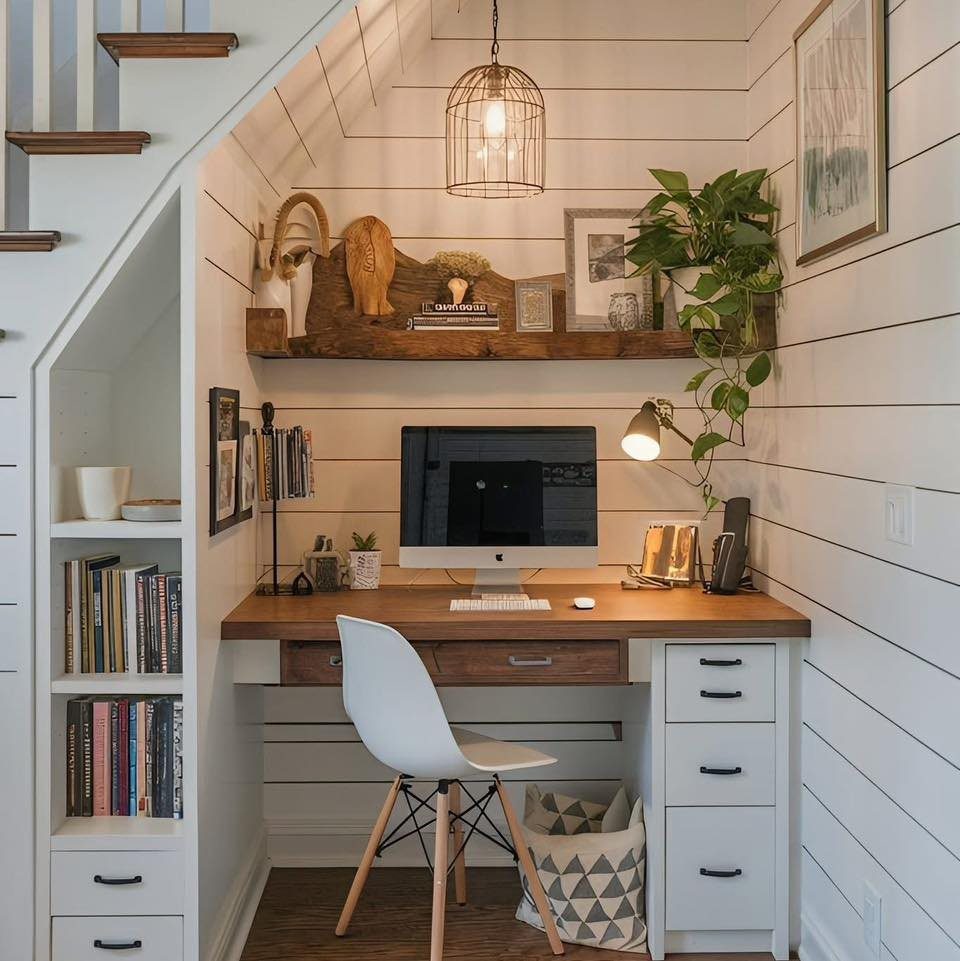 18 Under Stair Storage Design Modern Ideas for Every Home 18 A compact wooden desk with a computer and white chair set within a shiplap nook under stairs.