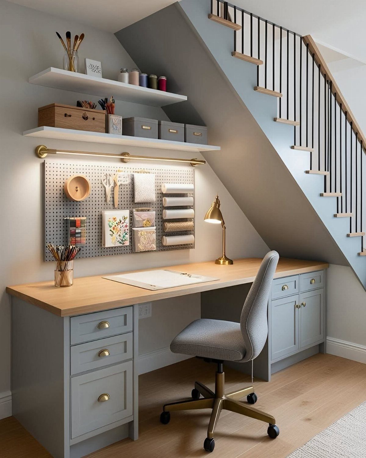 A built-in wooden desk and grey chair situated in a workspace under a staircase.