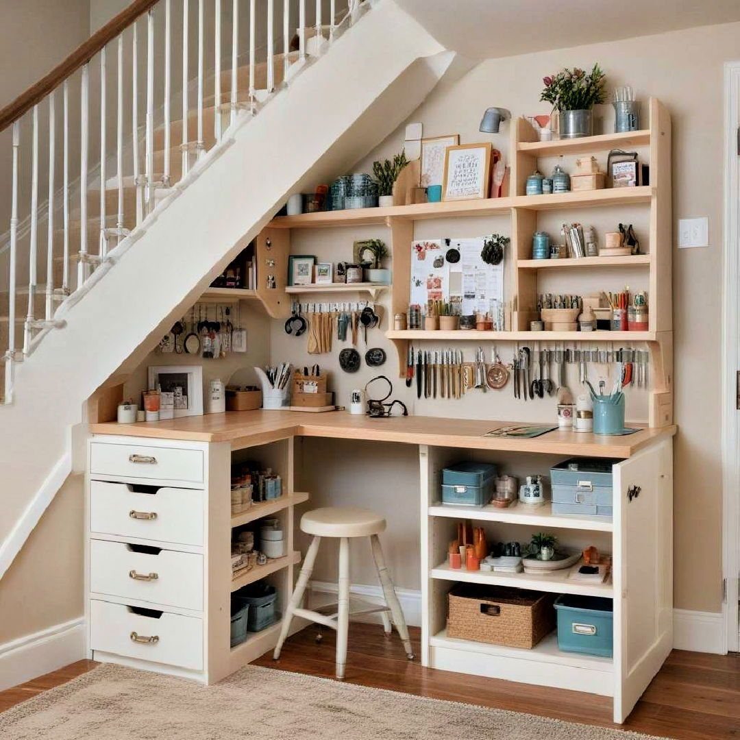 A light wood desk and shelving unit organized under a white staircase in a home office nook.
