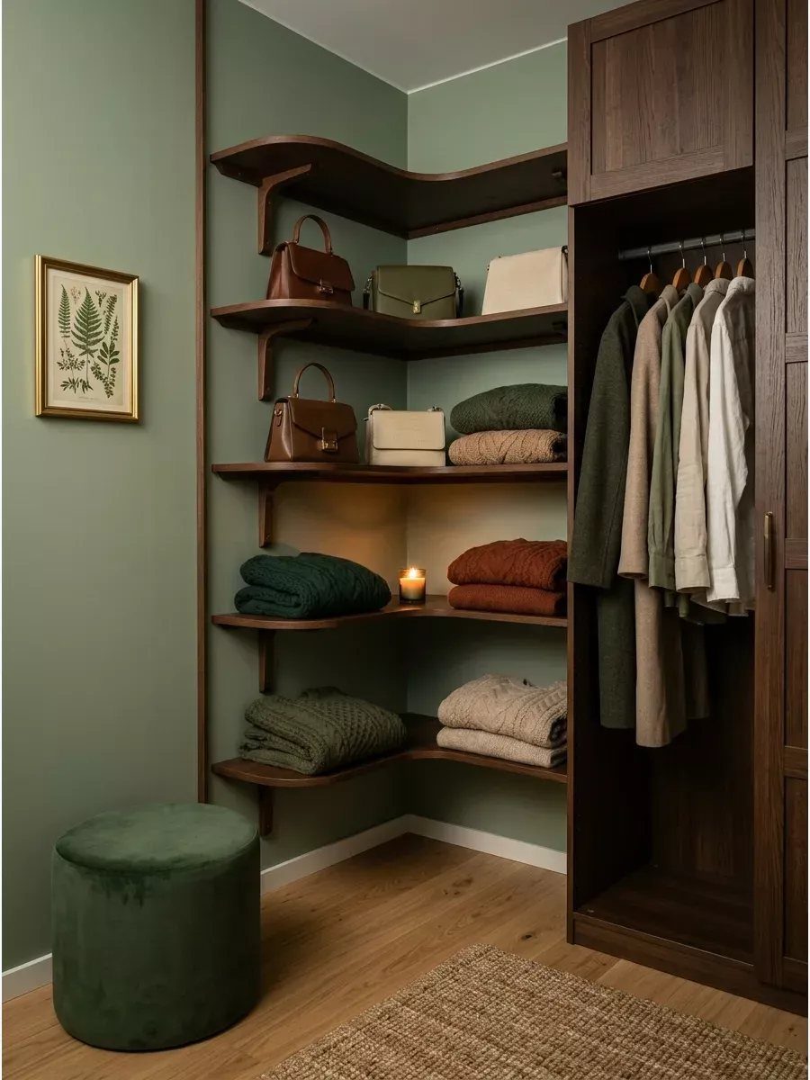 Dark wood corner shelving unit holding handbags and folded clothes against a green wall.