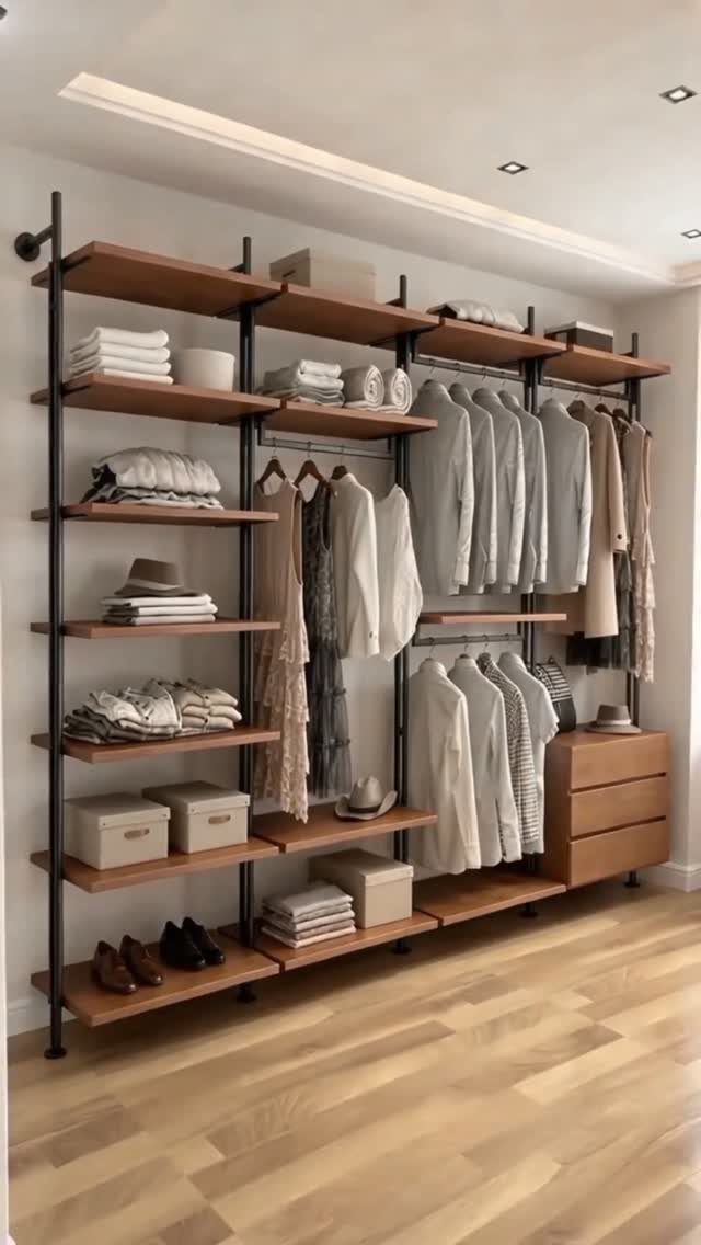 Industrial style wardrobe with black metal pipes, wooden shelves, and hanging clothes on a light wall.