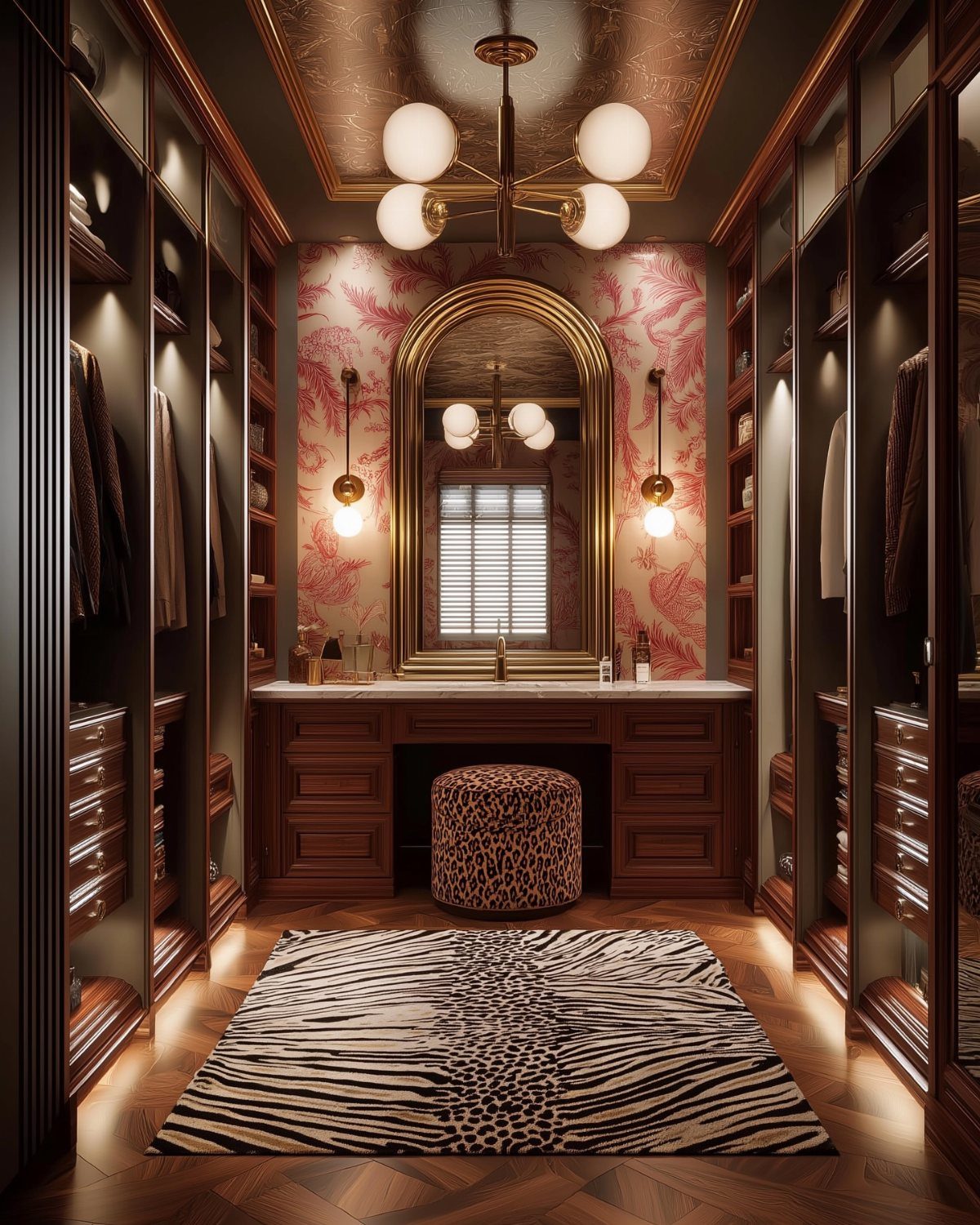 A luxury boutique walk-in wardrobe with dark wood cabinets, a marble vanity, and animal print decor.