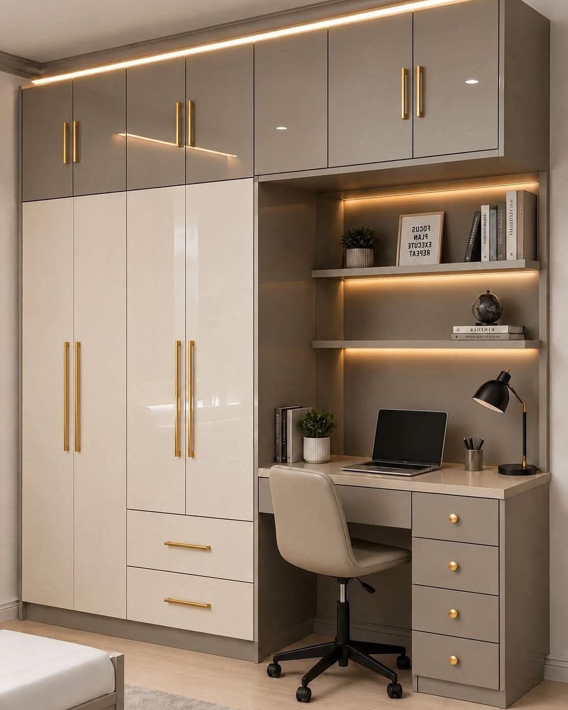 Built-in wardrobe system with integrated desk, open shelving, and a modern desk chair.