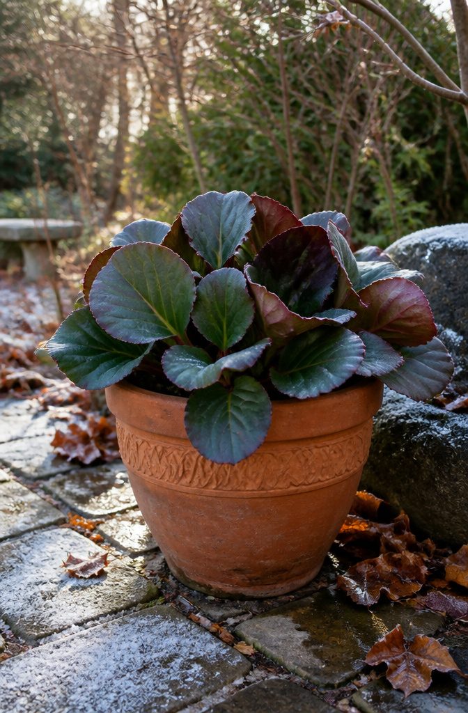 Winter Container Gardening with Evergreens: Plants for Cold Months 6 Bergenia in a terracotta pot with thick, waxy leaves.