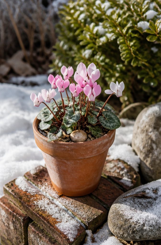 Winter Container Gardening with Evergreens: Plants for Cold Months 8 Cyclamen with blush and white petals in a terracotta pot.