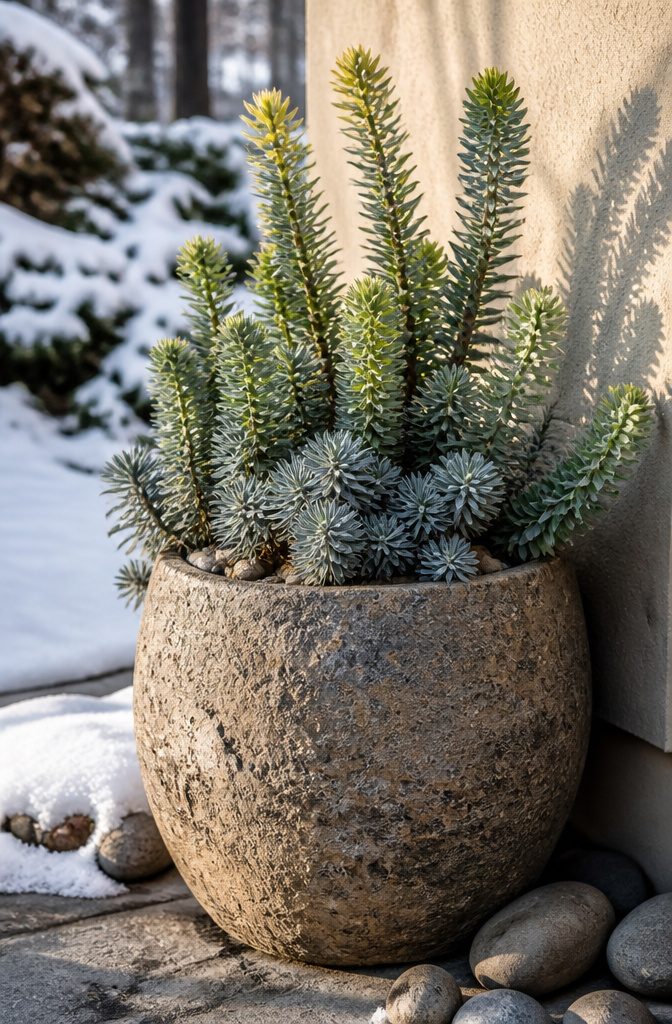 Winter Container Gardening with Evergreens: Plants for Cold Months 5 Euphorbias in a winter container with stiff, upright stems.