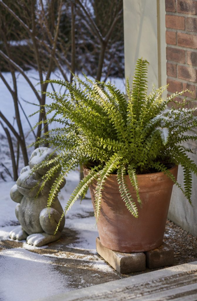 Winter Container Gardening with Evergreens: Plants for Cold Months 2 A sword fern in a terracotta pot surrounded by patches of snow.